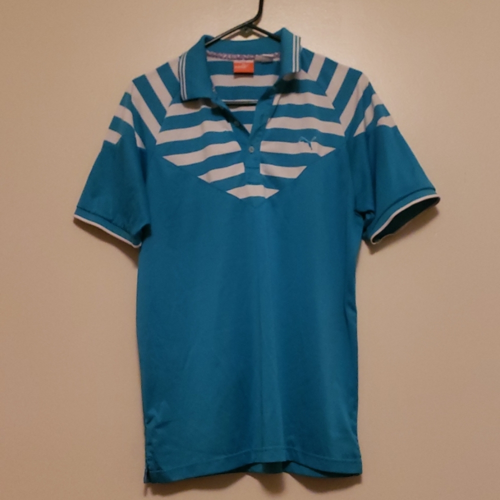 Puma Mens Golf Polo Teal with white V neck Sz M